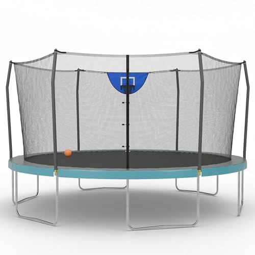 Skywalker Trampoline Outdoor 8 FT, 12 FT, 15 FT Jump N’ Dunk Round Outdoor Trampoline with Net, Trampoline Mat, and Basketball Hoop for Trampoline - color: Gray/Light Blue, style: 15 Foot
