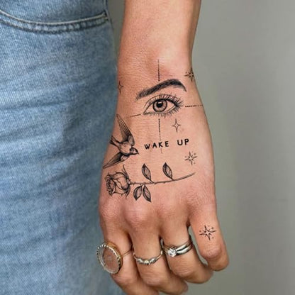 Semi Permanent Tattoo, Faith Eye & Swallow Rose Design, Small - color: Wake Up & Love