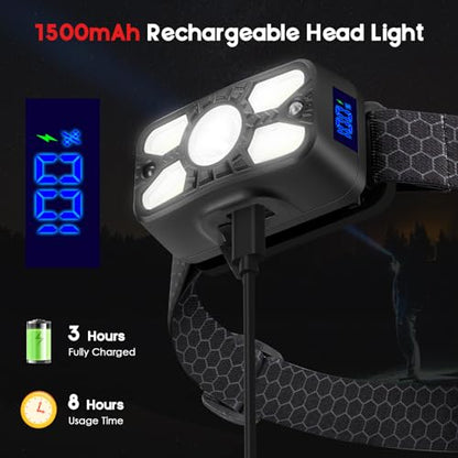 Elmchee Rechargeable Headlamp 2 Pack, 2500 Lumen Bright 5 LED Headlight, 7 Modes Adjustable Motion Sensor, USB-C Waterproof Head Flashlight, Outdoor Hiking Camping Fishing (5 Led Headlamp) - style: 5 Led Headlamp