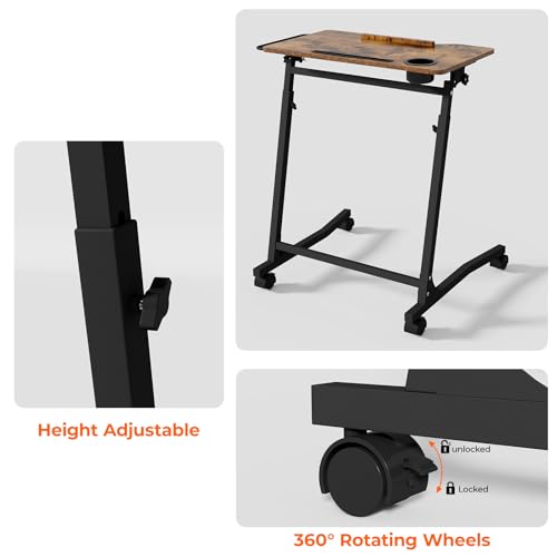ikkle Bike Trainer Desk with Wheels, Adjustable Treadmill Desk, Rolling Standing Desk for Walking Pad Laptop, Phone Standing, Brown Wood - color: Rustic Brown, Mobile Adjust
