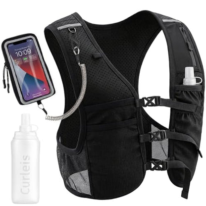 Running Vest with Touchscreen Phone Holder, 500ml/17oz Water Bottle Vest, Reflective Hydration Vest, 6 Pockets Zip Runners Vest – Lightweight, Adjustable, Breathable, Unisex - size: Large