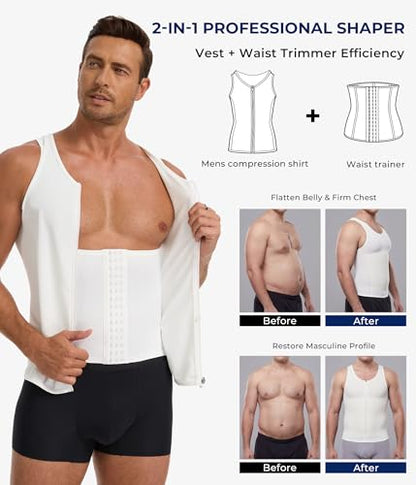 TAILONG Men's Compression Shirt - Shapewear Slimming Undershirt Tummy Control & Gynecomastia Vest Body Shaper Tank Top - color: White, size: Small