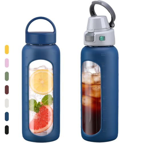 MUKOKO 32oz Glass Water Bottle with Straw, 2 Lids-Staw Lid and Screw Handle Lid, 1 Liter Reusable Drinking Bottle with Time Marker for Sports and Home, Dark Blue - color: Dark Blue, size: 32 Ounces
