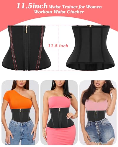 Women Waist Trainer Cincher 3 Straps Tummy Control Body Shaper - color: Black - 11.5 Inch - 9 Steel Bones - Hook & Zipper, size: Medium