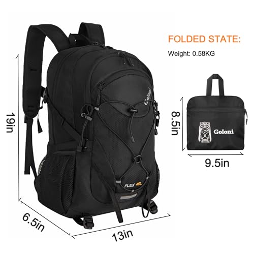 Goloni 45L Foldable Hiking Daypack, Lightweight Water‑Resistant Backpack - color: Black