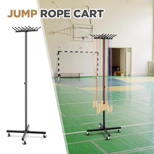 Aurelema Jump Rope Cart with Wheels Jump Rope Tree Black Sports Equipment Cart Heavy Duty Metal Holder for Cord Wire Belt Hose Storage PE Gym School, Hold More Than 200 Cord, 23.6 x 19.7 x 65 Inch