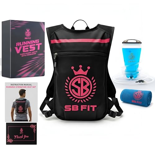 SBFIT Running Hydration Vest for Men and Women - Lightweight - Breathable and Sweatproof Backpack with 1.5L Insulated Water Bladder and Towel - Ideal for Jogging, Running - color: Pink