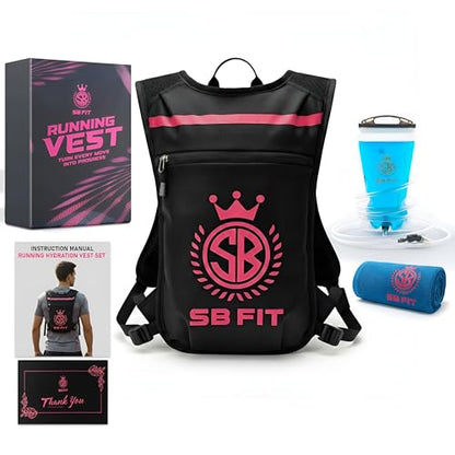 SBFIT Running Hydration Vest for Men and Women - Lightweight - Breathable and Sweatproof Backpack with 1.5L Insulated Water Bladder and Towel - Ideal for Jogging, Running - color: Pink