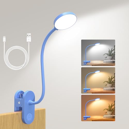 Cordless Clip on Reading Light, Rechargeable LED Book Lamp for Kids, Flexible and Dimmable Clamp Light with 3 Color Modes & 10 Brightness for Students Dorm Room Desk Bunk Bed Headboard (Blue/3.5'') - color: Blue, size: 3.5''