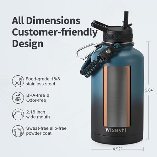 WixByti 64oz Insulated Water Bottle, Half Gallon Stainless Steel Water Jug - color: Blue/Black Gradient, size: 64 Ounces