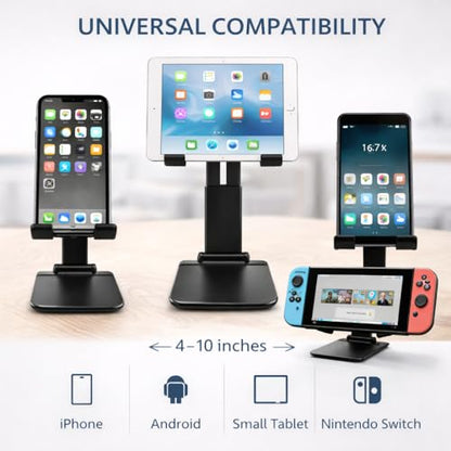 Mizi Portable Cell Phone Stand for Desk - Height & Angle Adjustable Mobile Foldable Holder, Compatible with iPhone 17 16 15 14 13 12 11 Pro Max, Galaxy S25 S24, All 4–10" Devices - Black - size: L311