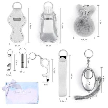 QINER Safety Keychain Set for Women, Safety Keychain Set with Personal Alarm, 9 Pcs Protective Accessories for Women - color: Silver