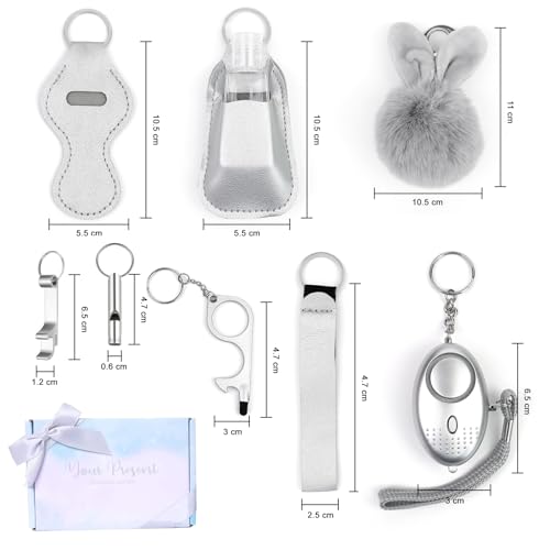 QINER Safety Keychain Set for Women, Safety Keychain Set with Personal Alarm, 9 Pcs Protective Accessories for Women - color: Silver