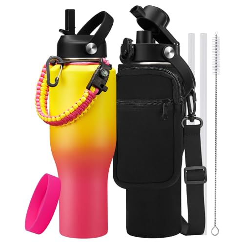 32/40 oz Water Bottle with Straw & Spout Lid, Paracord Handle, Carrier Bag - color: Yellow Pink, size: 40 Ounces