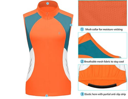 Little Donkey Andy Women's Half Zip Breathable Cycling Vests Reflective Sleeveless Jerseys Shirts Golf 4 Rear Pockets - color: Upgraded Orange, size: Small