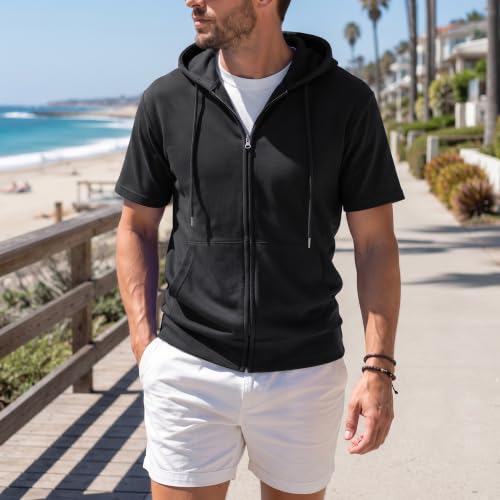 Ohoo Mens Slim Fit Zip up Hoodie Cotton Blend Soft Fabric Short Sleeve Lightweight Comfy Basic Jacket with Kanga Pocket - color: Dcf056-black, size: X-Large