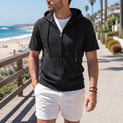 Ohoo Mens Slim Fit Zip up Hoodie Cotton Blend Soft Fabric Short Sleeve Lightweight Comfy Basic Jacket with Kanga Pocket - color: Dcf056-black, size: X-Large