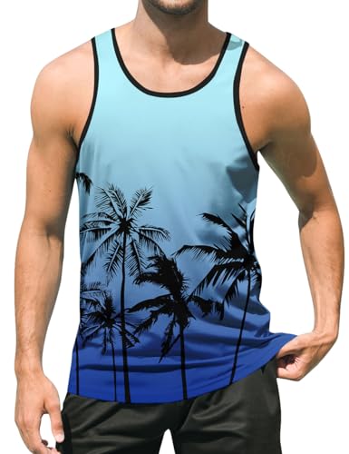 uideazone Mens Beach Tank Tops Summer Graphic Sleeveless Workout Shirt - color: Palm Tree Blue, size: XX-Large