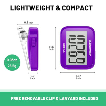NESKLA 3D Pedometer, Simple Step Counter with Large LCD Display for Walking - color: Purple