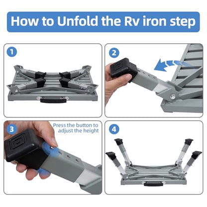 Homeon Wheels Adjustable Iron RV Step Stool, Folding Non-Slip Platform - color: Iron Sliver