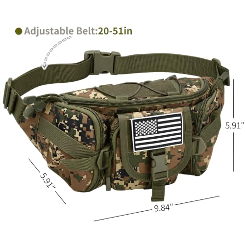 Hiking Fanny Pack Waist Bag, Portable Tactical Fanny Pack with 5 Zipper Pockets, Large Crossbody Waist Belt Hip Bag for Men Women Fishing Travel Cycling Bumbag with U.S Patch - Woodland Camo - color: Woodland Camo