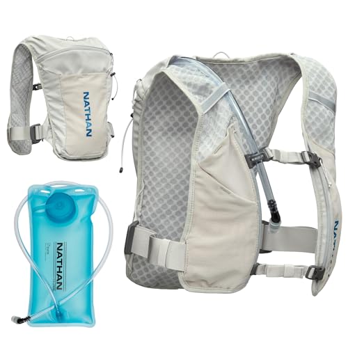 Nathan QuickStart Hydration Pack Vest with Bladder or flasks, Storage Pockets, Breathable Moisture-Wicking Fabric, Adjustable Straps for Running, Hiking, Walking, Marathons, Obstacle Races - color: 1.5L Light Stone 4L Storage, size: 4L Storage