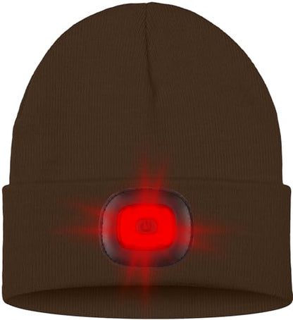 ATNKE LED Lighted Beanie Hat,USB Rechargeable 8 LED Red Glow Flashing Alarm Running Headlamp Cap Gifts for Men and Women - color: #Coffee