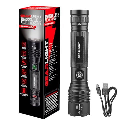 GearLight LED Flashlight High Lumens, Rechargeable Tactical Flashlight, Bright Handheld Flashlight for Camping, Hunting, Home, Security, Hiking, Walking at Night & Emergency Use - color: S2000 Black, size: Rechargeable