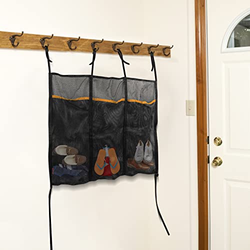 Trampoline Shoes Bag, 3 Pouch Storage Mesh Bag Trampoline Shoe Holder,Indoor Household Item Fitness Shoes Organizer, Trampoline Item Storage Accessories Equipment Bag, black