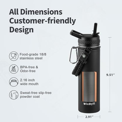 WixByti 20 oz Insulated Water Bottle with Straw, Stainless Steel Water Jug - color: Black, size: 20 Ounces