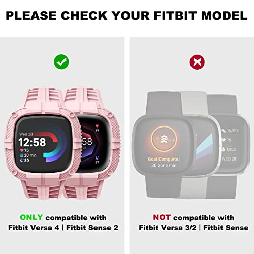 Compatible for Fitbit Versa 4/ Fitbit Sense 2 Bands Rugged Protective Case with TPU Sport Band Wristbands, Military Shockproof Bumper Case for Men Women, Pink - color: Pink