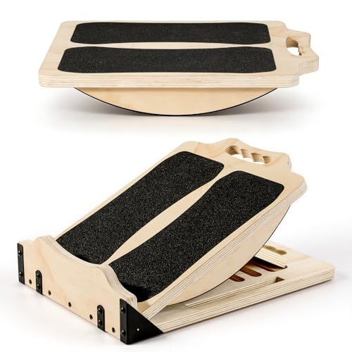 MoKo 2-in-1 Wooden Slant Board & Balance Board, 4 Adjustable Inclines Calf Stretcher for Knees, Ankles, Heels, Feet and Legs, Non-slip Stretch Boards Support up to 220lbs