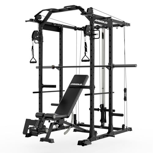 Mikolo Power Cage, Power Rack with Cable Crossover System, 1500LBS Squat Rack with LAT Pull Down System, Workout Cage with Pulley System for Fitness Home Gym - color: Black, style: Package with Bench＆Bar