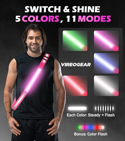 Rechargeable LED Reflective Belt Sash – High Visibility Safety Gear with 5 Colors 11 Light Modes, Adjustable Strap for Night Dog Walking, Running & Biking - color: Pink