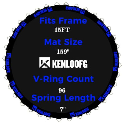 Trampoline Replacement Mat,72/96 V-Rings,Fits 12/14/15ft Trampoline Frame & 5.5"-7" Springs - color: Blue Jacquard Webbing, size: 15FT|159"Dia|96 V-Rings|Fits 7" Springs Length