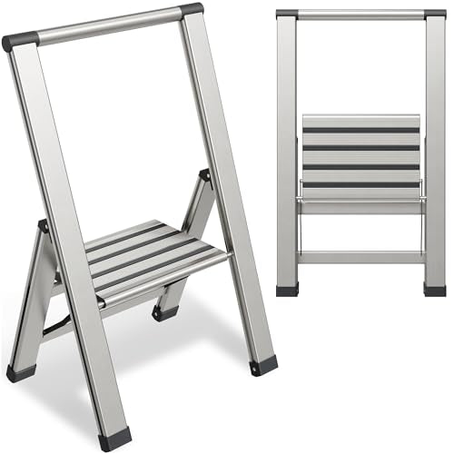 Step Ladder 1 Step Folding, Decorative - Modern Beautiful Aluminum, Lightweight, Ultra Slim Profile, Anti Slip Steps, Sturdy-Portable for Home, Office, Kitchen, Photography Use,by SORFEY - color: Aluminum, size: 1-Step