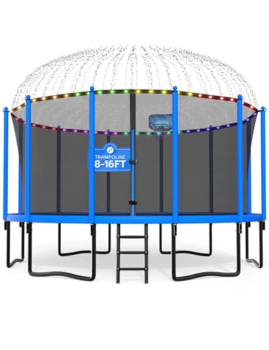DeepRoar 2026 Upgraded 8FT 10FT 12FT 14FT 15FT 16FT Outdoor Tranpoline for Kids, Big tranpoline with Basketball Hoop, Lights, Sprinkler & Socks, Heavy Duty tranpoline 1500LB, ASTM Approved Tranpoing - color: Blue, size: 16FT