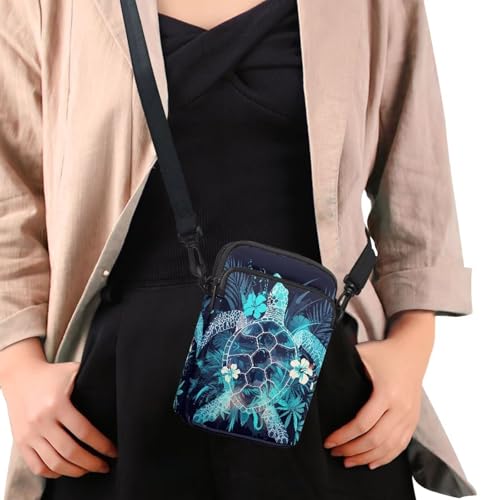 Hawaiian Tribal Small Crossbody Bags for Women Cell Phone Bag Purse, Sea Turtle Zipper Sling Purses Shoulder Bag - color: Sea Turtle Flowers