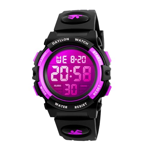 Dayllon Kids Digital Watch Boys Outdoor Sports 50M Waterproof Girls Watches Alarm Clock 12/24 H Stopwatch Calendar for Ages 3-15 Boy Girl Wristwatch Kids Gift - color: Purple X( 8-15 Year Old)