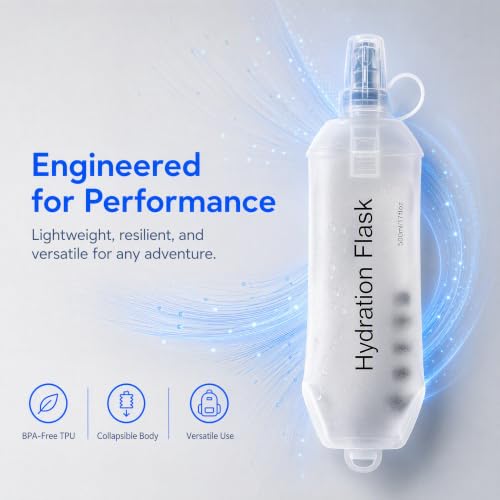 2 Pack 500ml Soft Flask, TPU Collapsible Soft Water Bottle for Hydration Pack, Running Vest, BPA-Free Leak-Proof Folding Water Bottle for Hiking Cycling Climbing