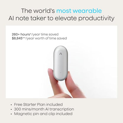 Plaud NotePin Wearable AI Voice Recorder, Lunar Silver, Non-S Version - color: Silver