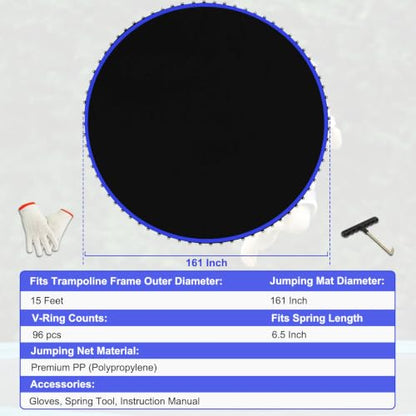 Replacement Trampoline Mat, Heavy-Duty, UV-Resistant & Durable Bounce Pad for Round Trampolines - Perfect for Safe & Fun Jumping - size: 15FT|161"Dia|96 V-Rings|Fits 6.5" Springs Length