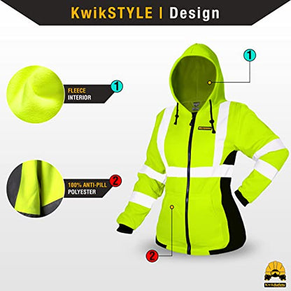 KwikSafety Women's Fleece Safety Hoodie Class 3 ANSI OSHA PPE - color: Yellow, size: Medium