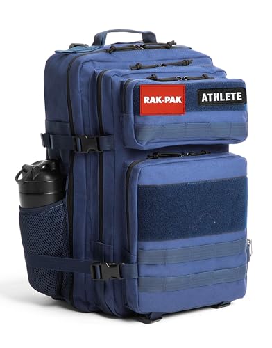 45L Tactical Gym Backpack with 2 Patch Panels, MOLLE System, Dual Bottle Holders & Clamshell Opening (Blue) - color: Blue