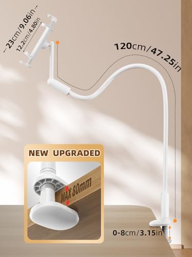 SAIJI Gooseneck Tablet Holder for Bed, One-Hand Adjustable, 47" Length, Upgraded Base, iPad Holder Stand Flexible Lazy Arm, Compatible with iPad/iPhone/Kindle/Switch or Other 4.7-13" Device (White) - color: White
