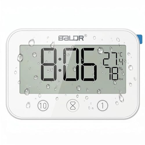 Digital LCD Waterproof Timer Shower Clock, Waterproof for Water Spray, Bathroom Clock Wall Mount, Two Suction Cup, Displays Time, Temperature, and Indoor Relative Humidity (1, White) - color: White