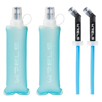 WRELS Soft Flasks Running Water Flask Folding Soft Water Bottles Small for Outdoor Sports Hiking Hydration Pack 5oz/8oz/17oz(SKY BLUE,8oz*2+Straw*2) - color: Green, style: 250ml/8oz with straw-2 Pack