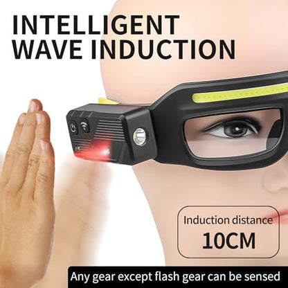 LED Rechargeable Headlight Glasses with Motion Sensor & Touch Control 5 Modes USB C Light Up Glasses Lighted Eyewear - color: Black+yellow