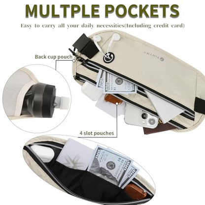 Slim Running Belt for Women Men Runners Fanny Packs With Phone Holder Hidden Pockets Exercise Waist Bag for Marathon Workout - color: Beige/T2085