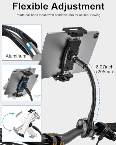 Gooseneck Spin Bike Tablet Holder [Large Clamp] [Thick Case Friendly] Treadmill Tablet Mount for Exercise Bike, Stationary Bicycle, Stroller, Wheelchair for iPad Pro Air Mini, Galaxy, iPhone (6-15.6”)